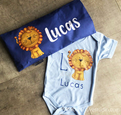 Personalised baby gift made up with a personalised romper and a matching beansprout pillow