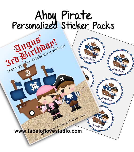 Ahoy Pirate Party Favor Name Stickers Pack