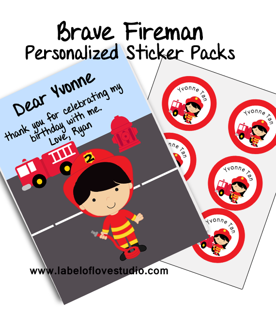 Brave Fireman Party Favor Name Stickers Pack