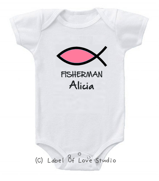 Personalized-Fishers of Men Romper/ Tee in Pink-christianity romper clothing