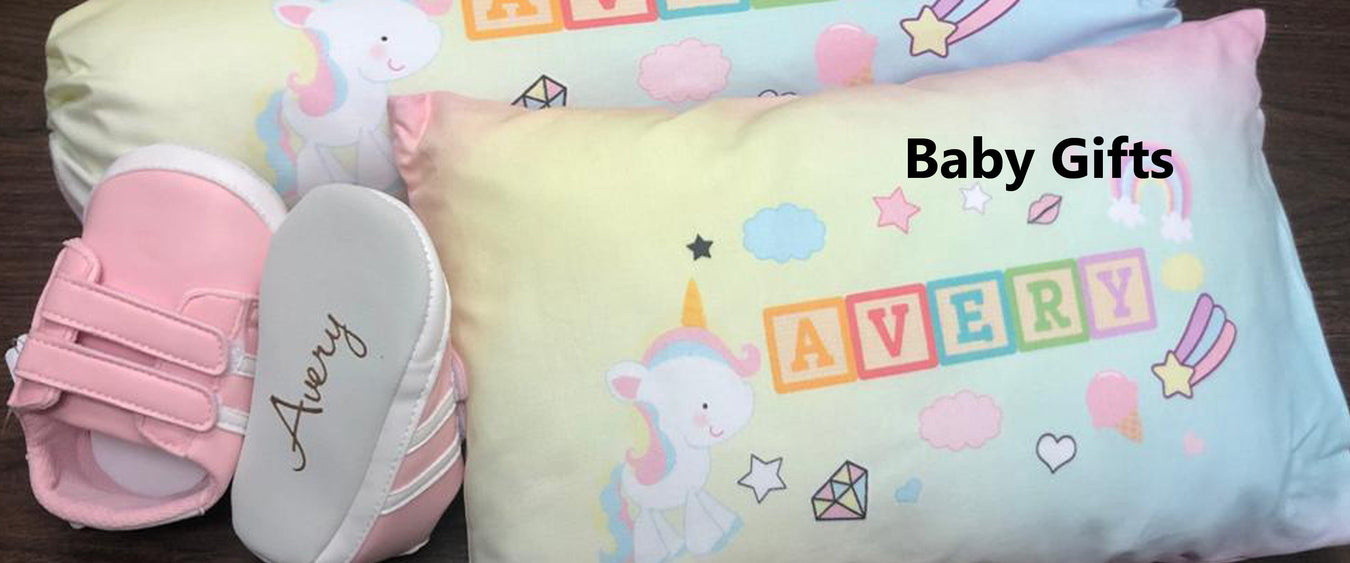personalised baby gifts with pillow, bolster and baby shoes, made in Singapore