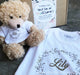 personalised baby gift consisting of a customised romper with a little bear with matching tee, perfect for baby showers and 100 days celebration
