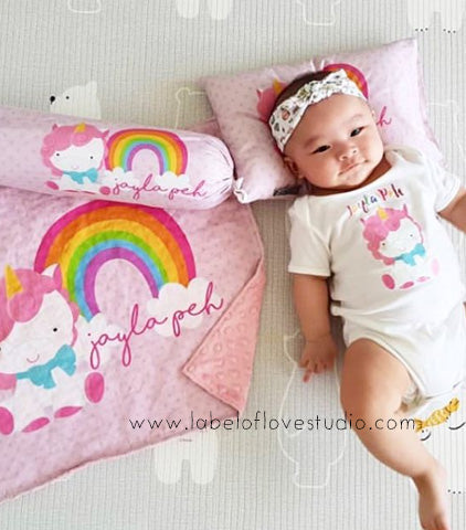 Personalised baby gifts made in Singapore, with baby blanket, pillow and bolster, and a matching personalised romper