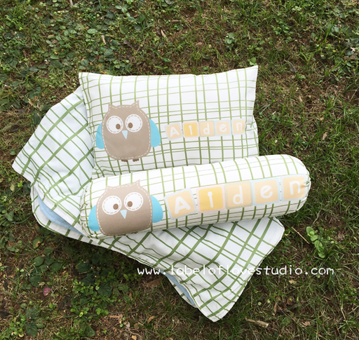 Personalized-baby-Lil Blue Owl Bedding Set-kid pillow bolster beansprout Singapore