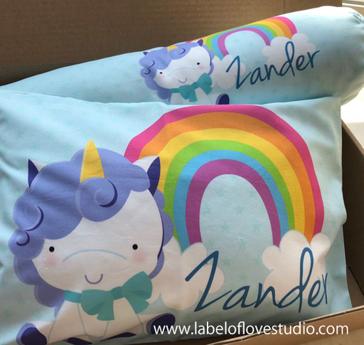 Personalized-baby-Magical Unicorn in Blue Bedding Set-kid pillow bolster beansprout Singapore