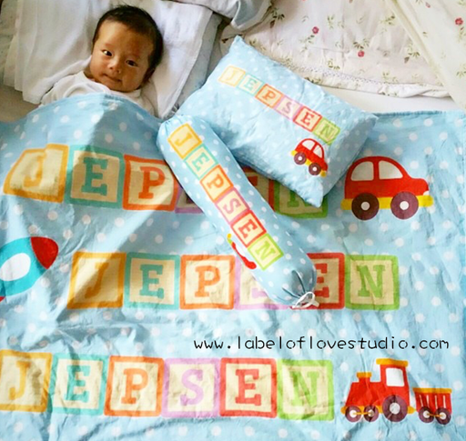 Personalized-baby-Rainbow Blocks in Blue Bedding Set-kid pillow bolster beansprout Singapore