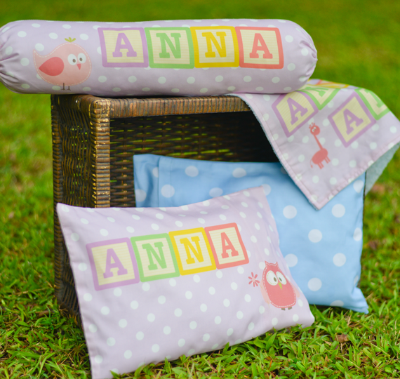 Personalized-baby-Rainbow Blocks in Pink Bedding Set-kid pillow bolster beansprout Singapore