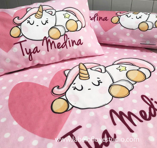 Personalized-baby-Sleeping Unicorn Bedding Set-kid pillow bolster beansprout Singapore