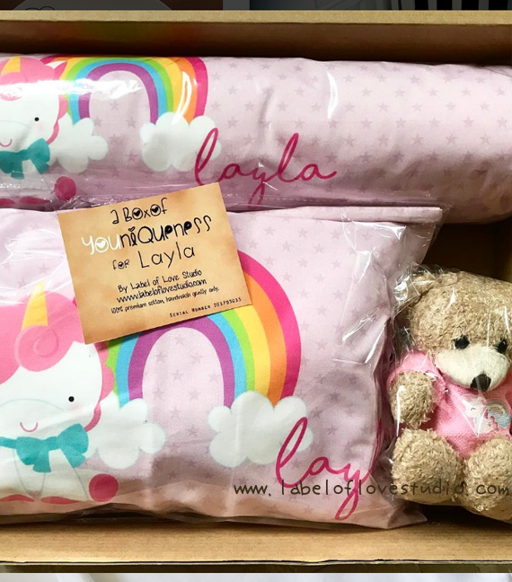 Personalized baby gift box Singapore, with a personalised bear, pillow and bolster.