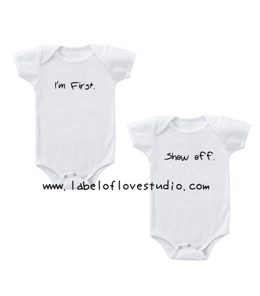 Personalized matching tees-I'm First Show Off Twin romper/ tee set-Singapore